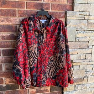 Ship ‘n Shore Red Black Brown White Blouse Wm 3-5X